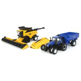 1:64 New Holland T8.410 Genesis Tractor Blue with J&M Grain Car and New Holland CR8.90 Combine Yellow Set 13996