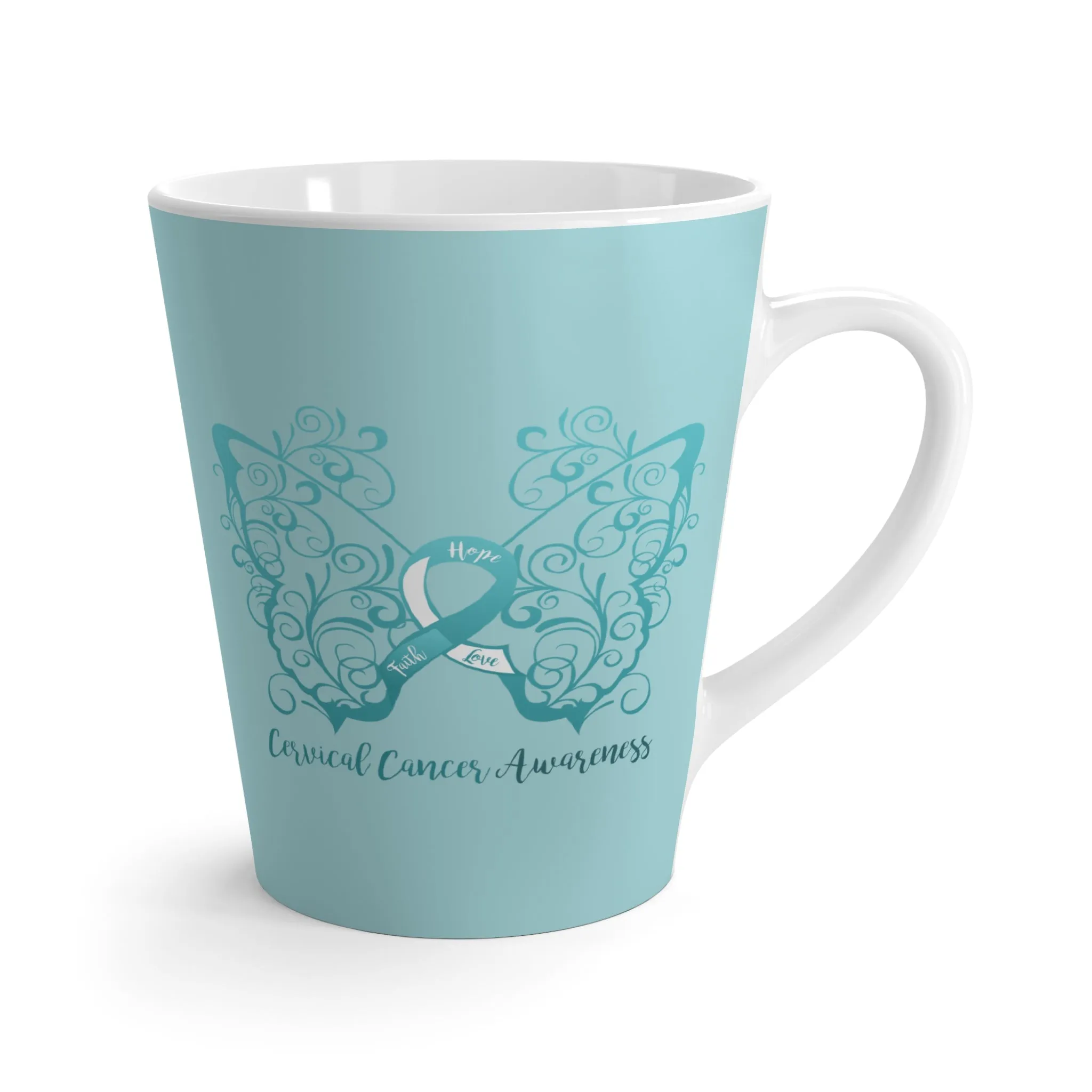 Cervical Cancer Awareness Filigree Butterfly Light Teal Latte Mug (12 oz.) (Dual Sided Design)