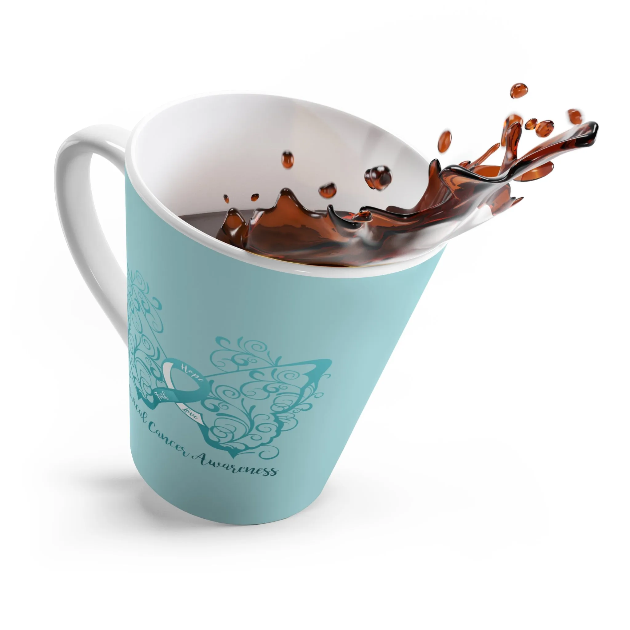 Cervical Cancer Awareness Filigree Butterfly Light Teal Latte Mug (12 oz.) (Dual Sided Design)