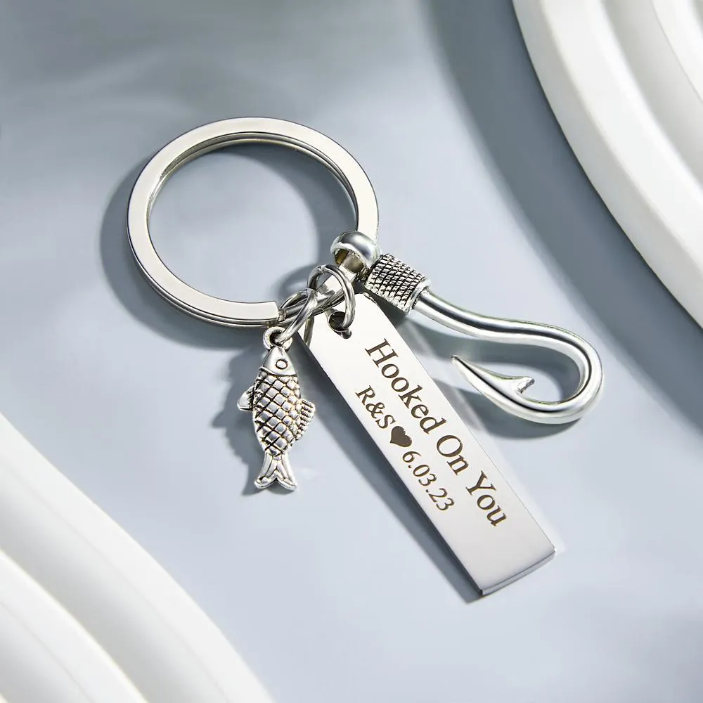 Custom Engraved Keychain Hooked on You Fish Hook Gifts