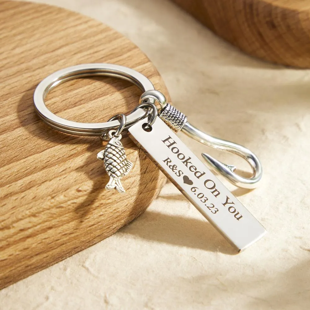 Custom Engraved Keychain Hooked on You Fish Hook Gifts