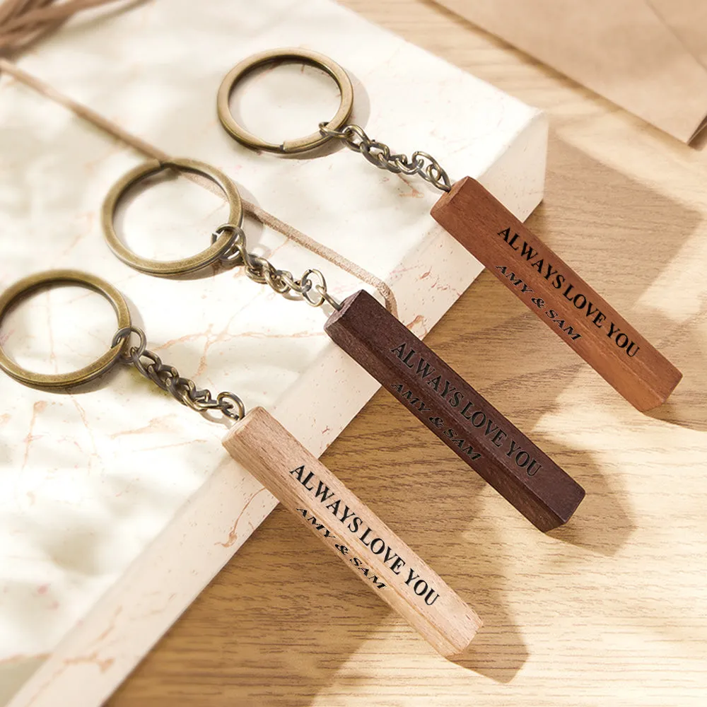 Custom Engraved Keychain Personalized 3 Sided Engraved Wooden Keychain Anniversary Gift