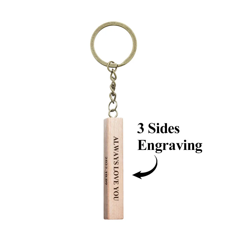 Custom Engraved Keychain Personalized 3 Sided Engraved Wooden Keychain Anniversary Gift