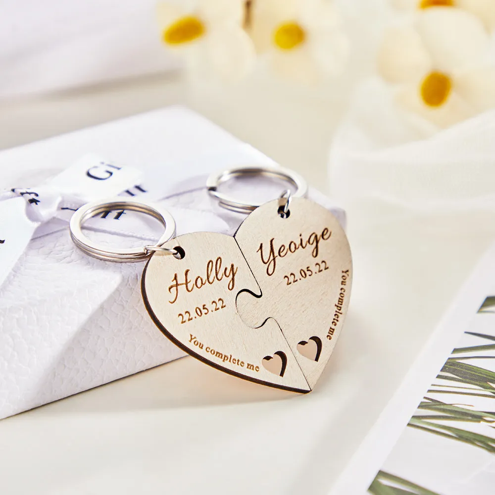 Custom Engraved Keychain Personalized Heart-shaped Wooden Jigsaw Keyring Romantic Gift