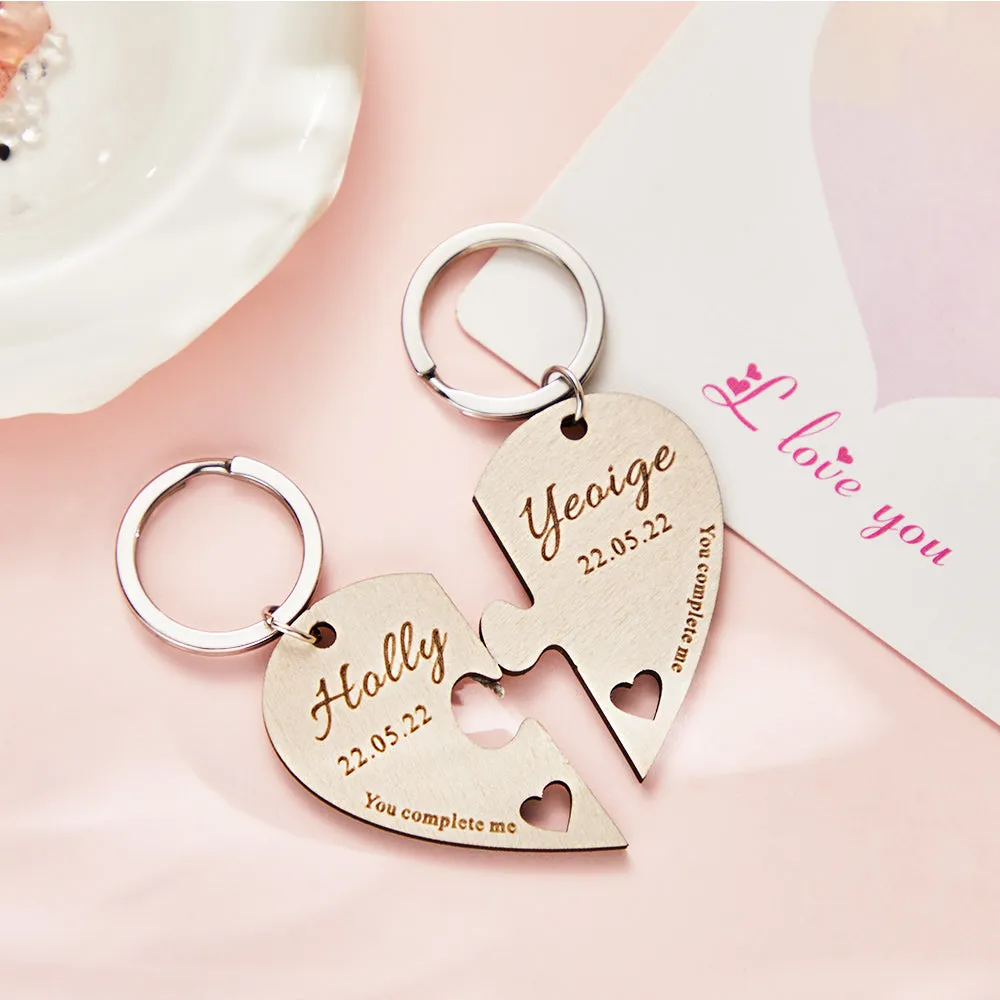 Custom Engraved Keychain Personalized Heart-shaped Wooden Jigsaw Keyring Romantic Gift