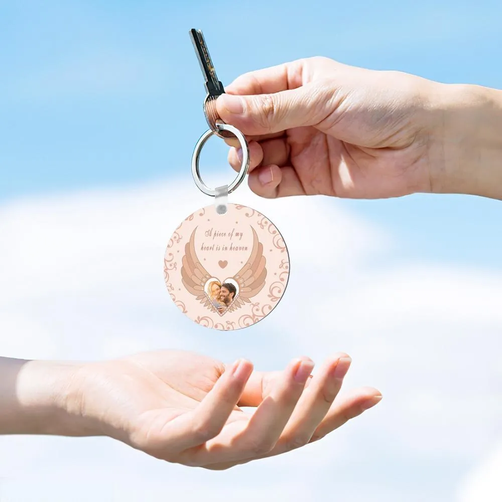 Custom Photo Engraved Keychain Round Memorial Pink Angel Wings Photo Keychain