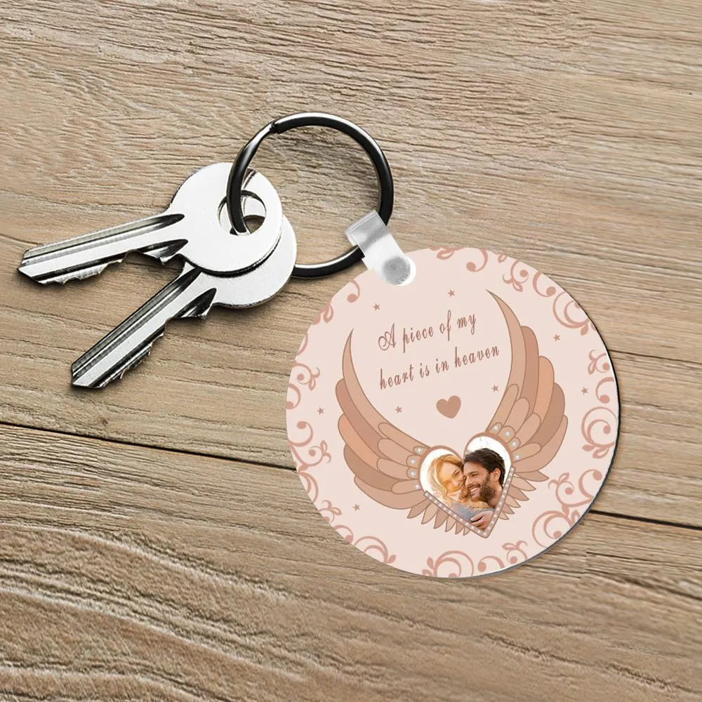 Custom Photo Engraved Keychain Round Memorial Pink Angel Wings Photo Keychain