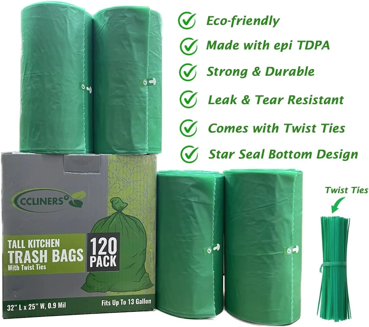 Eco-friendly Trash Bags 13 Gallon (120 Bags) Medium Green Garbage Bag 55 Liter Can Liners Portable Camping Toilet Bags