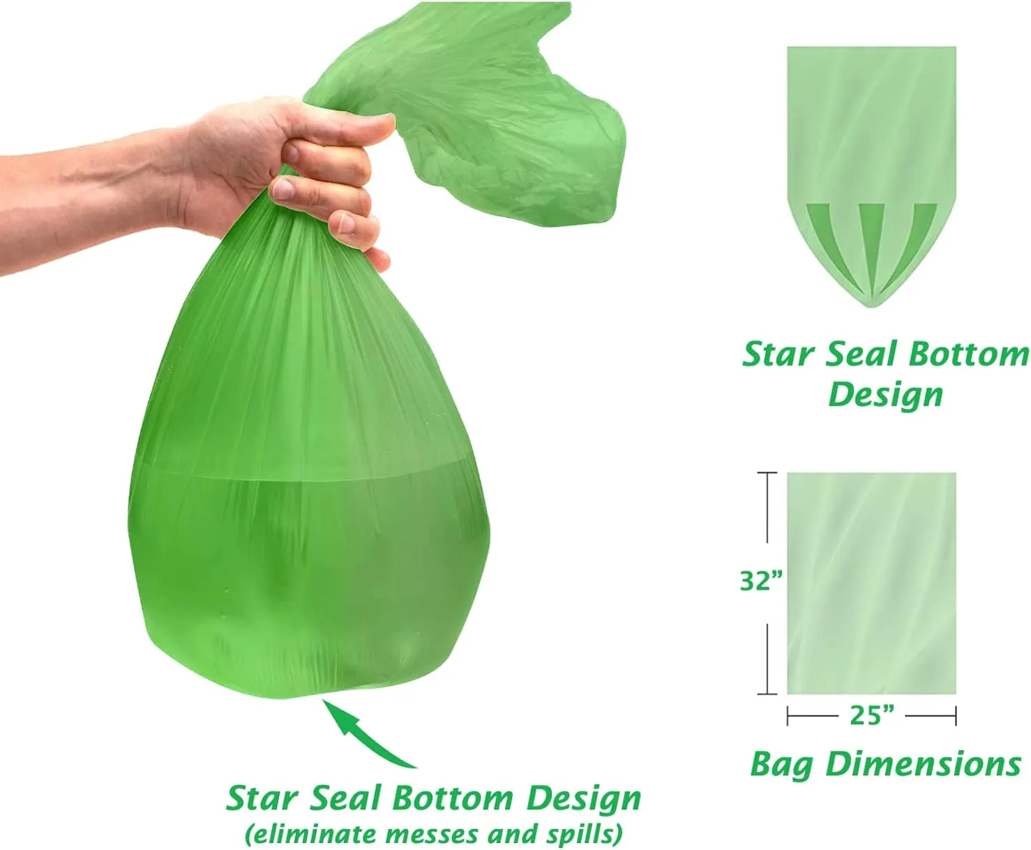 Eco-friendly Trash Bags 13 Gallon (120 Bags) Medium Green Garbage Bag 55 Liter Can Liners Portable Camping Toilet Bags