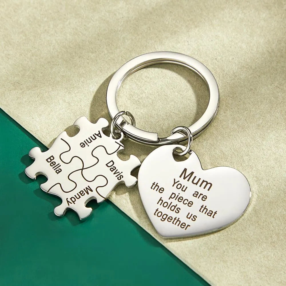 Engraved Puzzle Heart Shaped Keychain Personalized Key Ring Mother's Day Gift