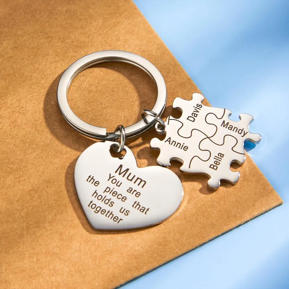 Engraved Puzzle Heart Shaped Keychain Personalized Key Ring Mother's Day Gift