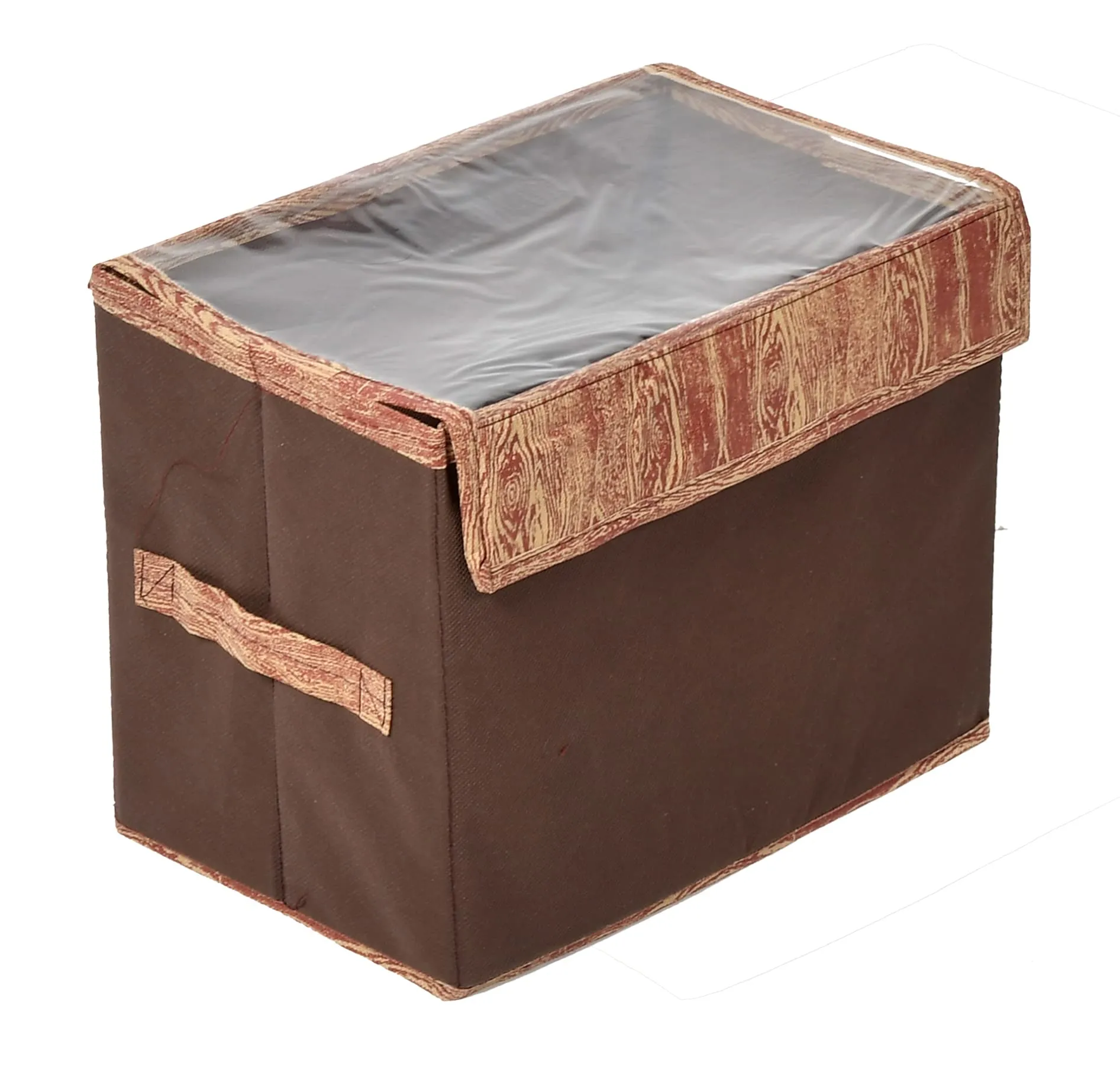 Kuber Industries Wooden Design Foldable Medium Non-Woven Storage Box/Bin For Books, Towels, Magazines, DVDs & More With Tranasparent Lid- Pack of 2 (Brown) -44KM0438