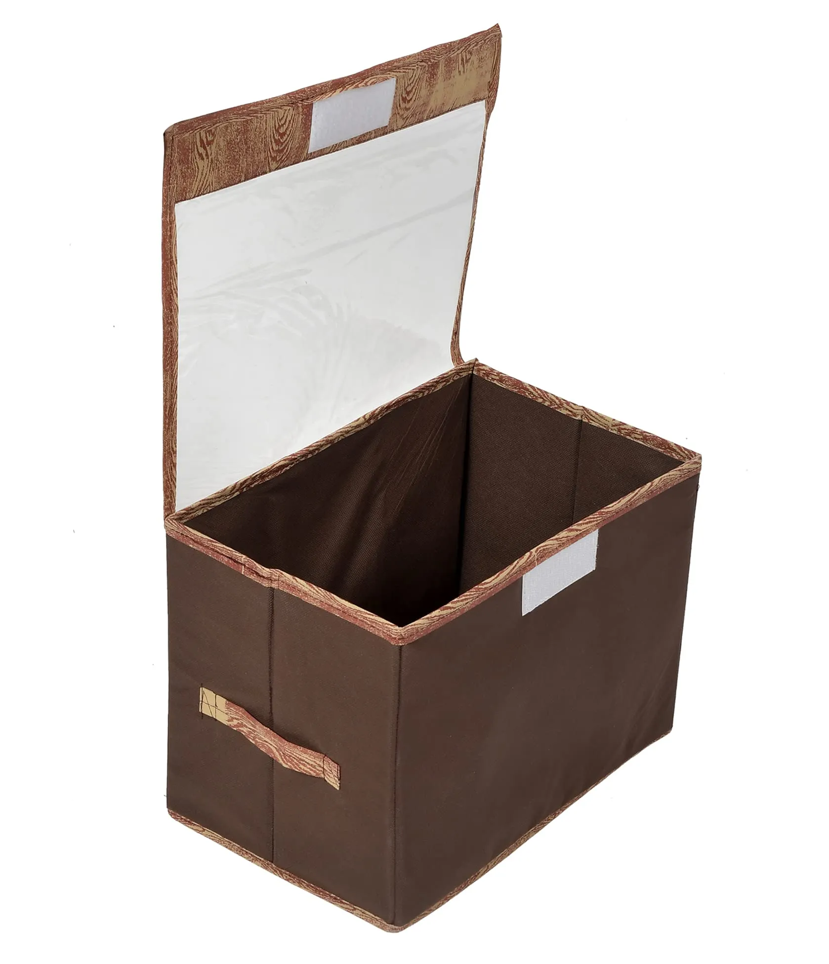 Kuber Industries Wooden Design Foldable Medium Non-Woven Storage Box/Bin For Books, Towels, Magazines, DVDs & More With Tranasparent Lid- Pack of 2 (Brown) -44KM0438